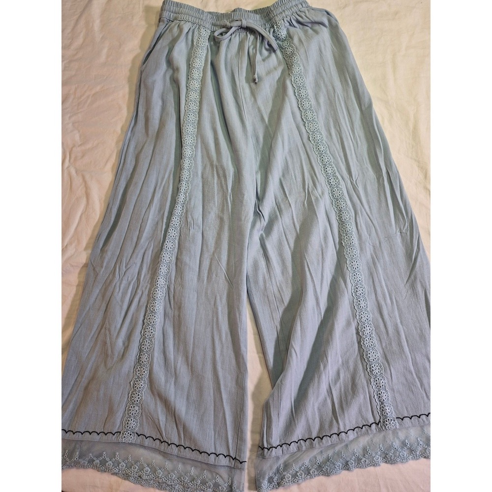 TARSE Light Blue Linen Blend Wide Leg Lace Trim Palazzo Pants Small